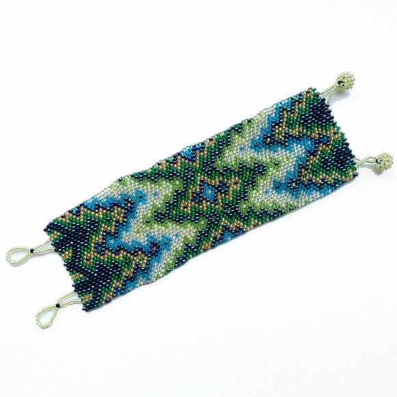 Handmade Wide Seed-Bead Cuff Bracelet with Geometric Design - Picture 4 of 7